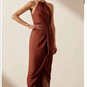Shona Joy US 8 High Neck Luxe Satin Front Tie Midi Dress Mocha Brown